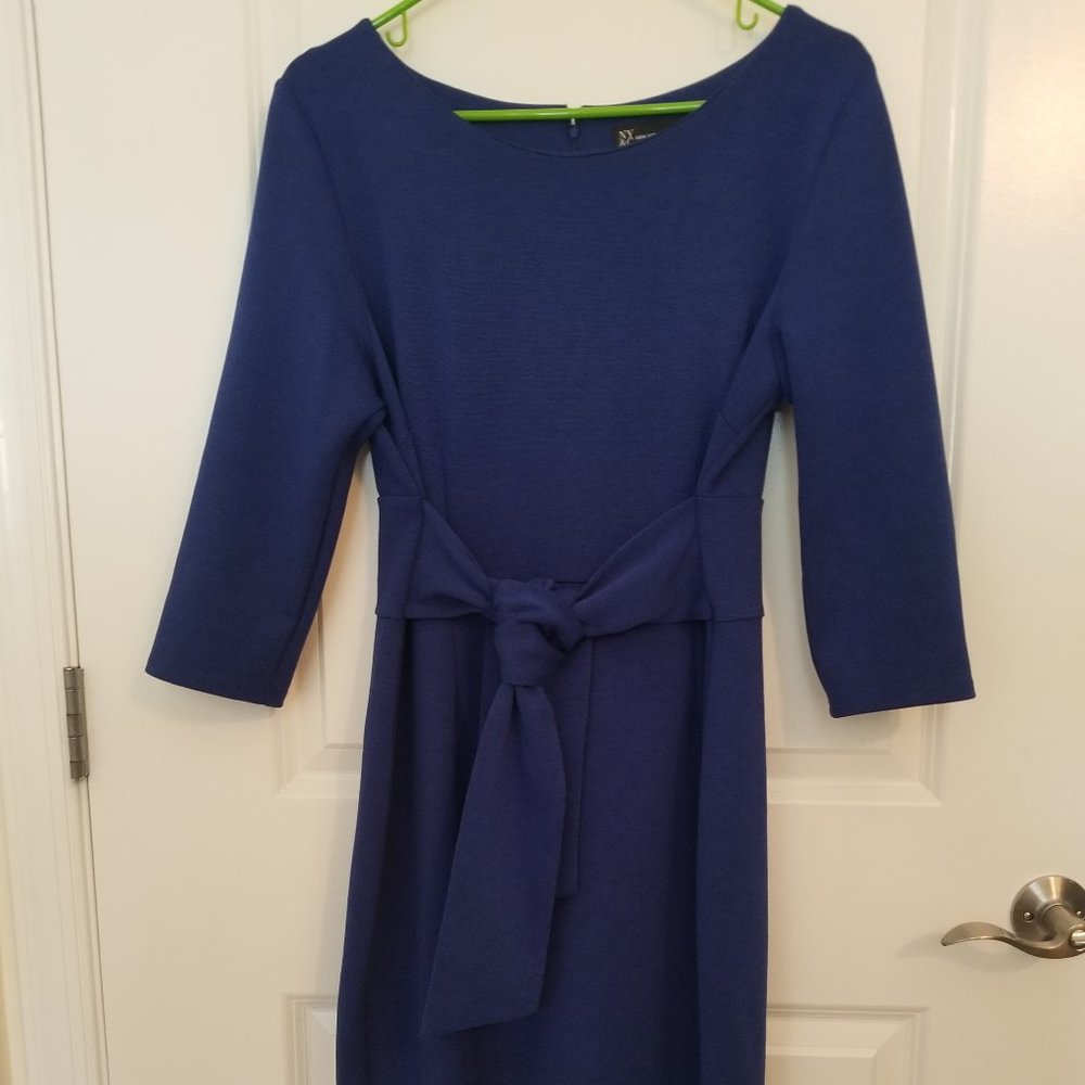 New York & Company Blue Stretch Sash Tie Three Quarter 3/4 Sleeve Dress